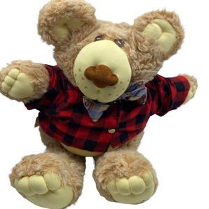 Vintage 1980s Furskins Xavier Roberts Plaid Bow Stuffed Animal Teddy Bear Plush